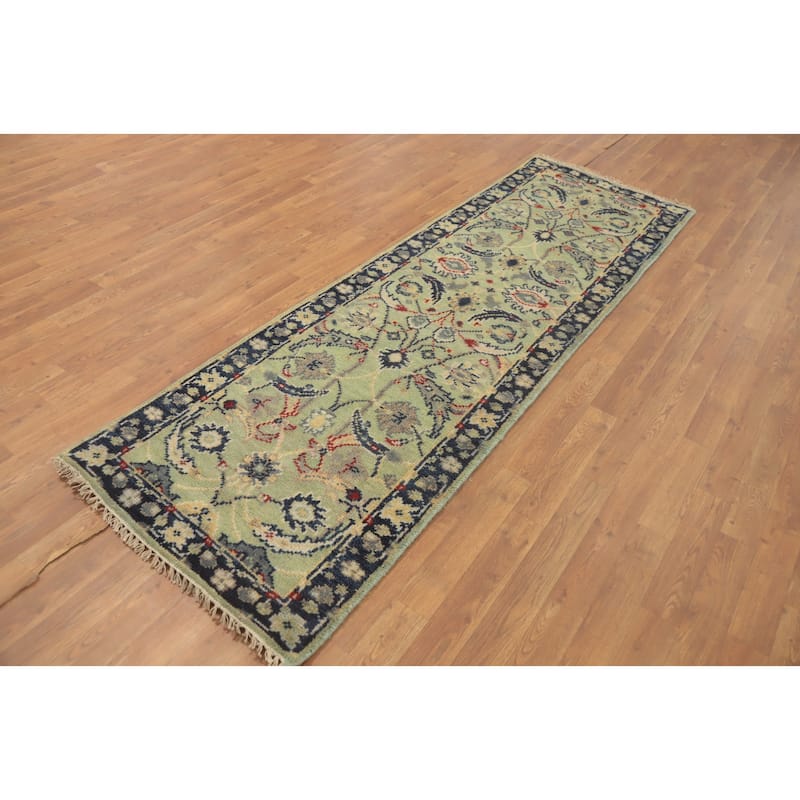 Hand-knotted Transitional Wool Carpet Green Oushak Rug Oriental Carpet Floral Area Rug Oriental Carpet - 8' 0'' X 2' 6''