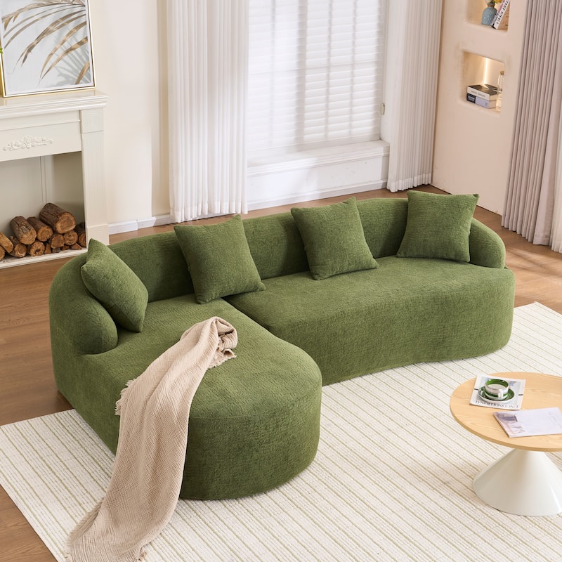 Compression Sponge L-Shape Sectional Sofa with Curved Chaise,Brown Modular Chenille Couch,30D High-Density - Antique Green,Green
