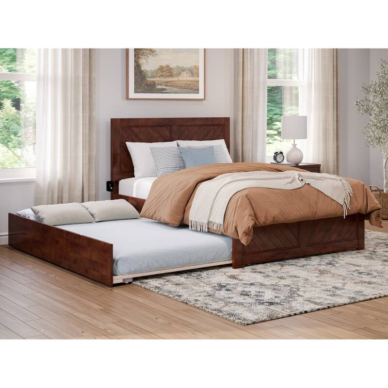Full Platform Bed with Trundle - Modern Beachy Style Bed Frame - Walnut Finish - Headboard Footboard Included
