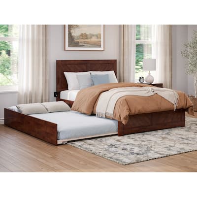 Full Platform Bed with Trundle - Modern Beachy Style Bed Frame - Walnut Finish - Headboard Footboard Included