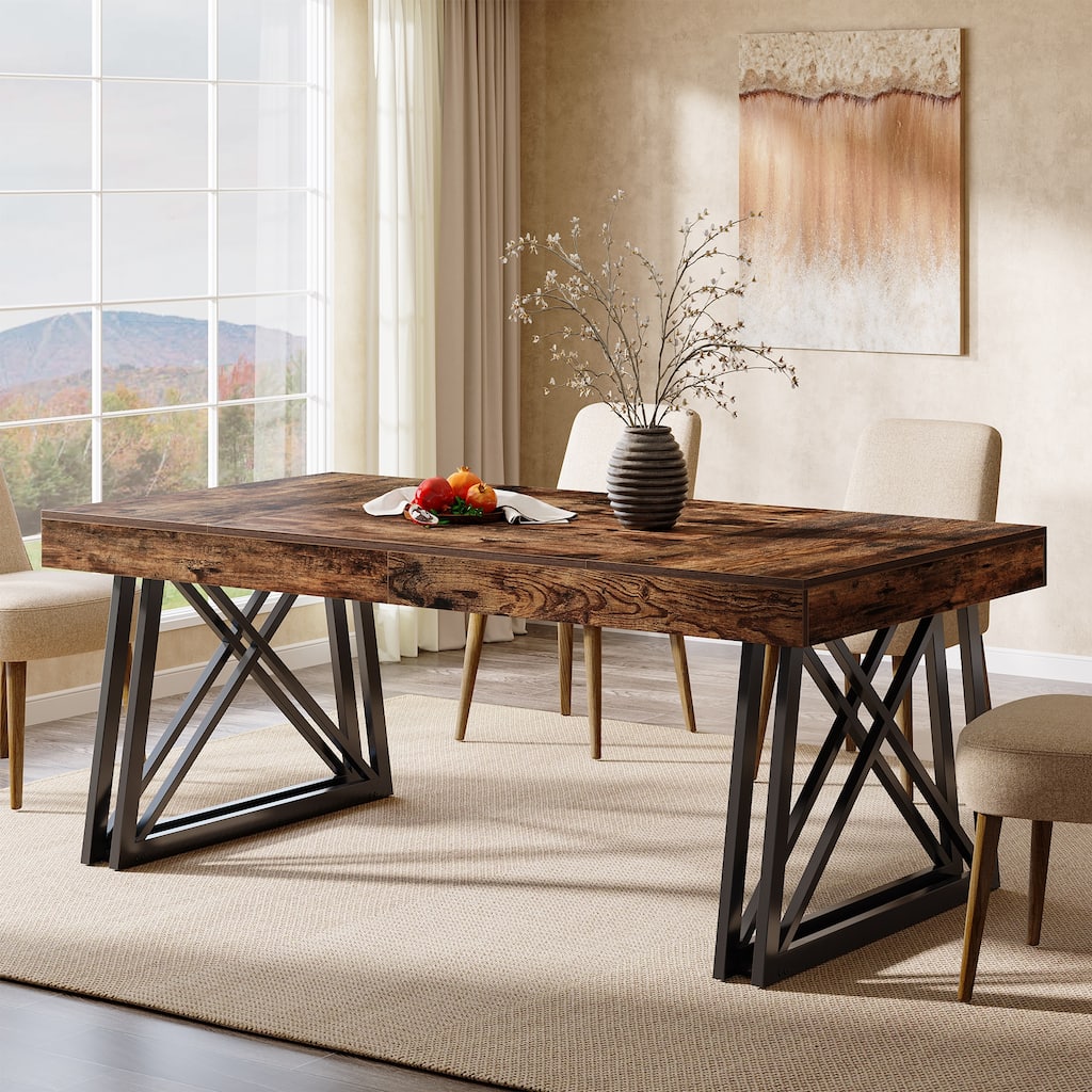 63-Inch Dining Table for 4-6, Farmhouse Kitchen Table with Sturdy Metal Legs