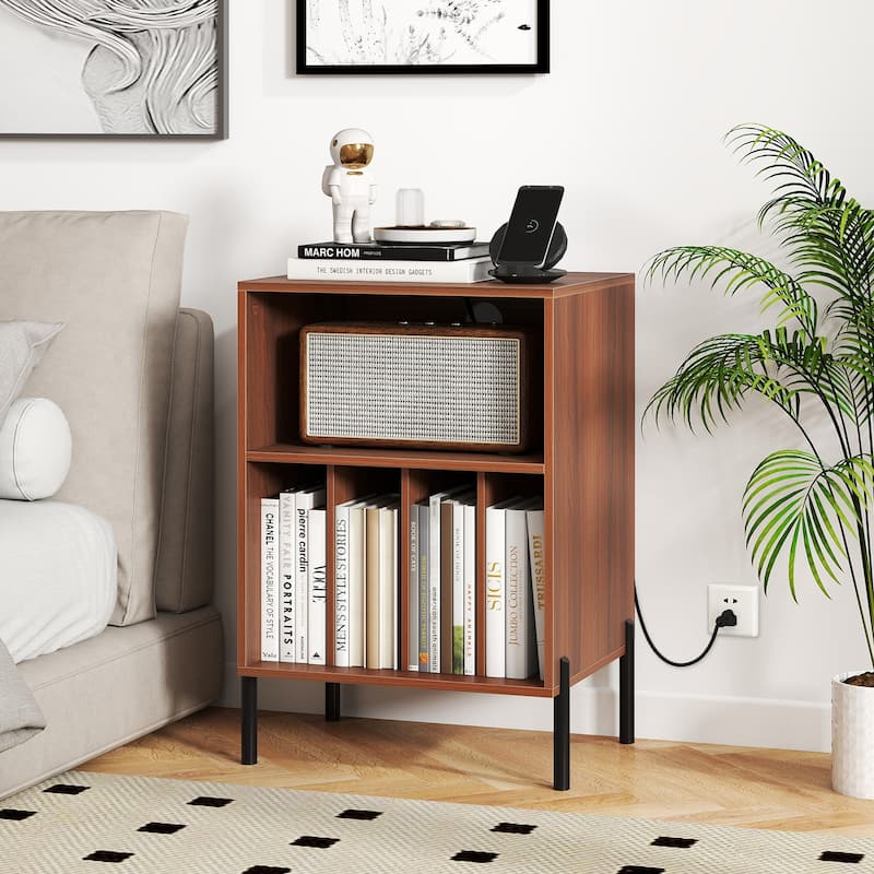 Gymax Record Player Stand w/Charging Station 5 Storage Compartments