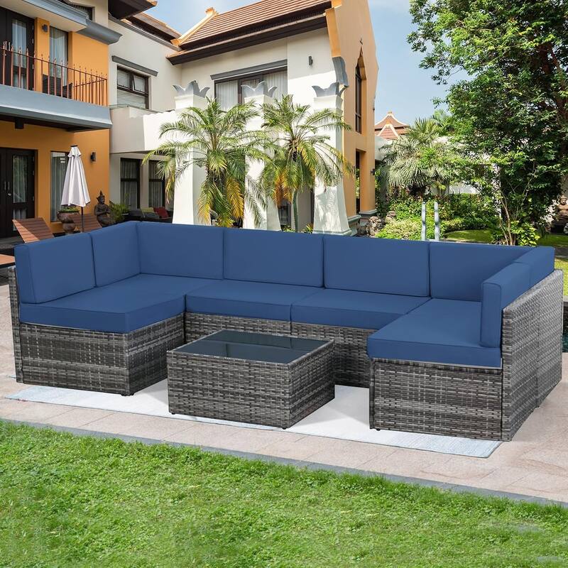 AECOJOY 7 Pieces Outdoor Sectional Sofa Wicker Rattan Conversation Set