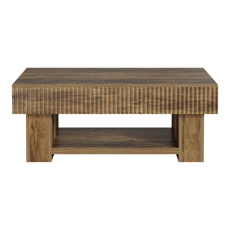 Large Wood Coffee Table with Storage, Farmhouse Rectangular Center Table with Open Shelf for Living Room