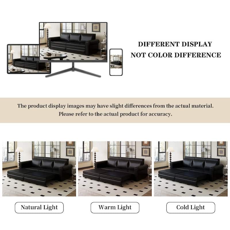 93.7" King Pull Out 3-in-1 Faux Leather Convertible Sleeper Sofa Bed with Nailhead Trim and Rolled Arm