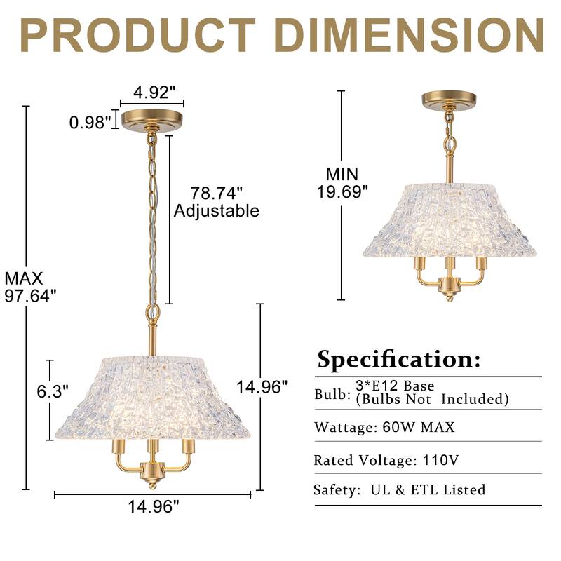 3-Light Pendant Light with Handblown Ripple Glass Kitchen Fixture - Dia.15-in