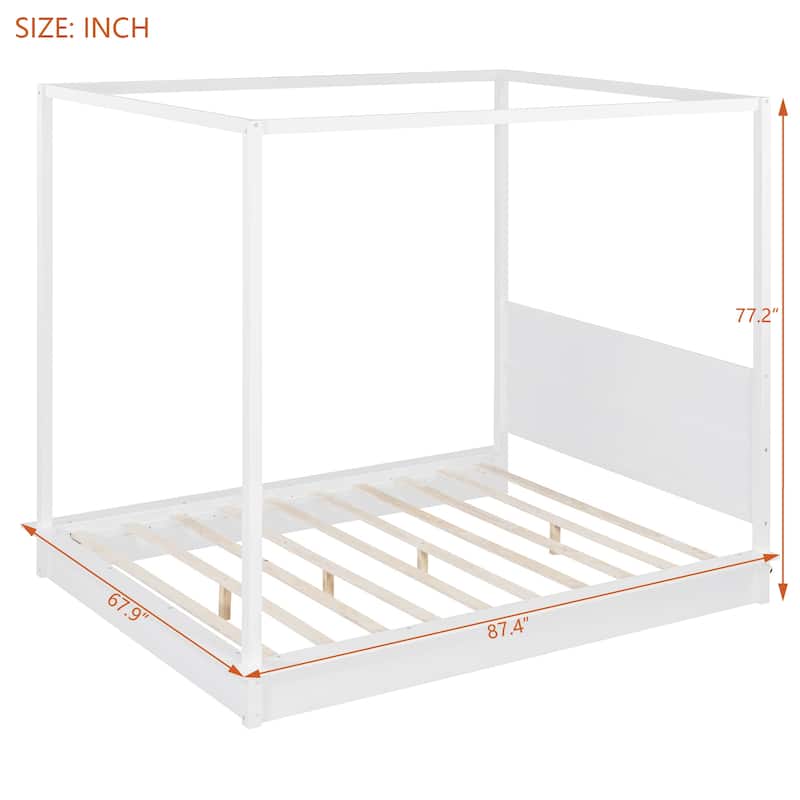 Queen/King White Wood Canopy Platform Bed with LED Lights and Slats, Modern Bedroom Frame No Box Spring Needed