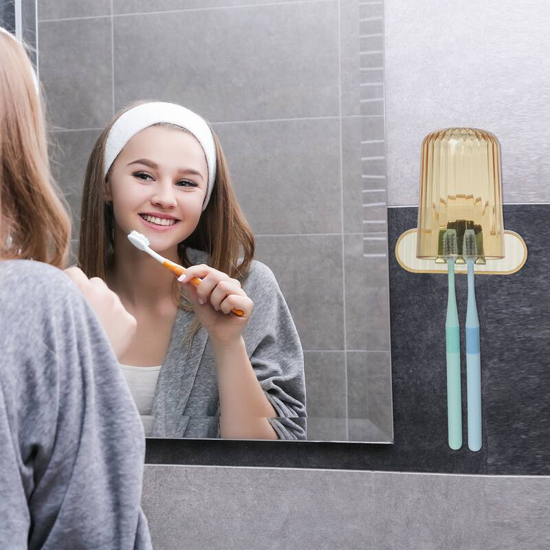 1 Set Wall Mounted Toothbrush Holder, Hanging Toothbrush Holder with Cup, 4.33"x2.56" - Orange
