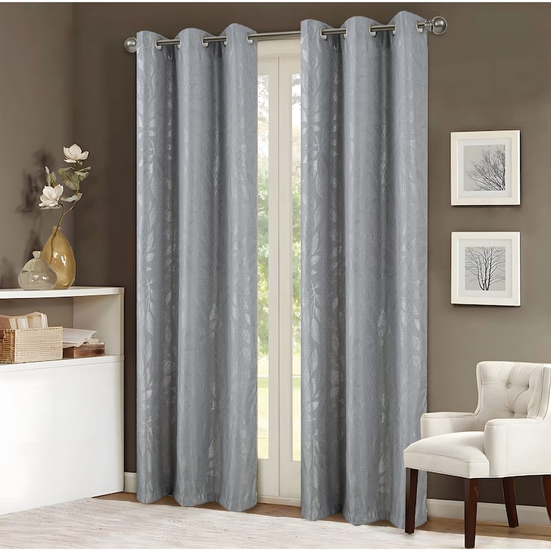 Bexley Foil Print Leaves Window Curtain Set - Grey