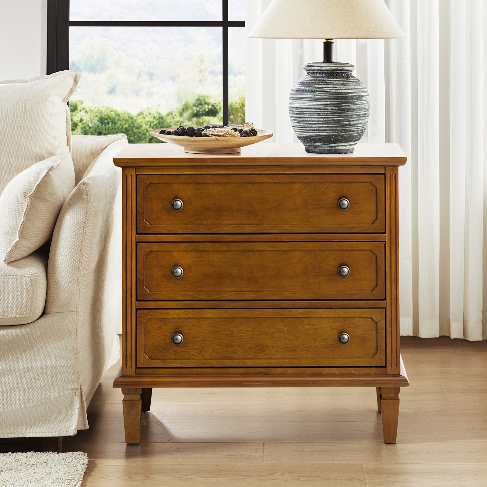 HULALA HOME Jonathan Transitional 3-Drawer End Table with Built-in Power Outlet and Solid Wood Legs