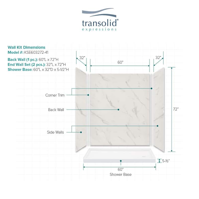 Transolid Expressions 60-in X 32-in X 72-in Glue to Wall Shower Kit - 32" x 60" x 72"