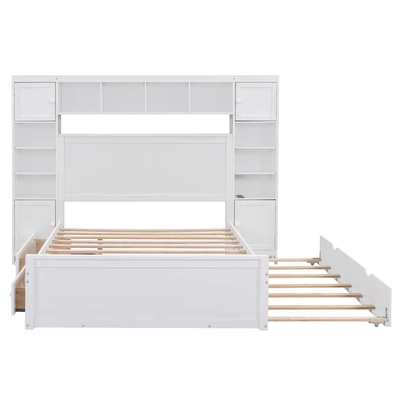 Full Size Wooden Bed with Built-in Cabinet, Shelf, Outlets, and Trundle in White