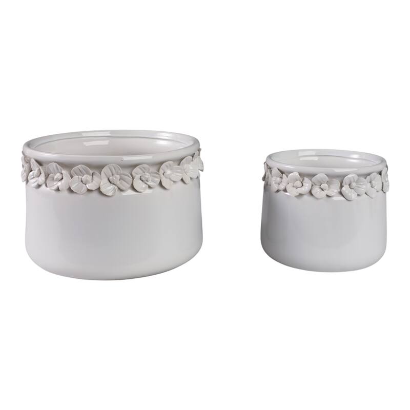 Ceramic Round Planter Sculpted Floral Rim Detail and Drainage Hole - 10" x 10" x 7" - White
