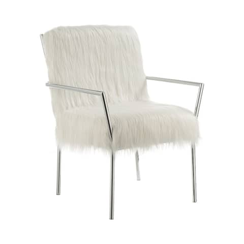 Faux Sheepskin Upholstered Accent Chair With Metal Arm in White