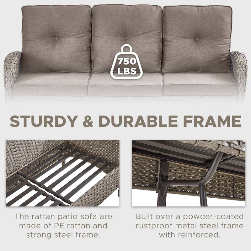 Outdoor Patio 3-Seat Sofa with Rattan Footstool