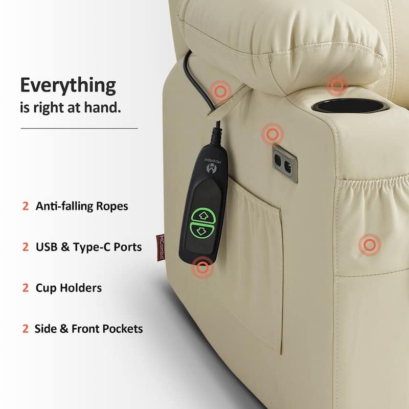 MCombo Large Power Lift Recliner Leather Chair with Massage, Heat, Cup Holders,Extended Footrest, Leather 7516