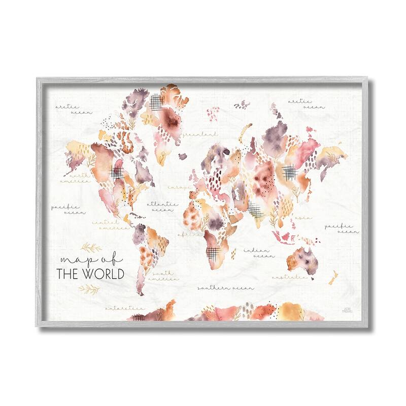 Stupell Abstract Floral World Map Watercolor Pink Purple Framed Wall Art - 11 x 14 - Grey