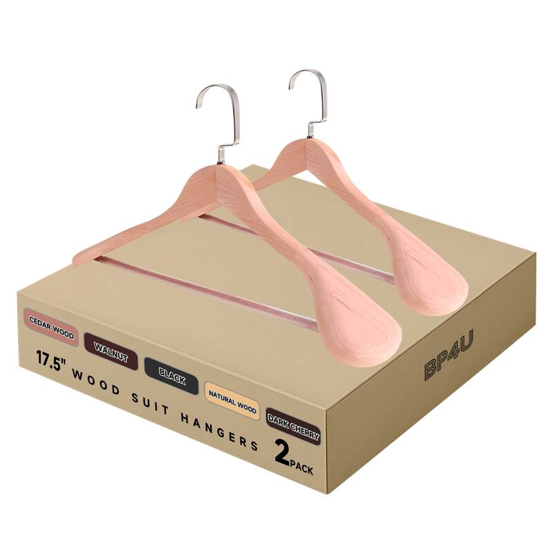 BP4U Premium Wide Shoulder Wooden Suit Hangers, 17.5-Inch Heavy-Duty Solid Wood Coat Hangers for Men's Clothes - 2-Pack - Cedar Wood