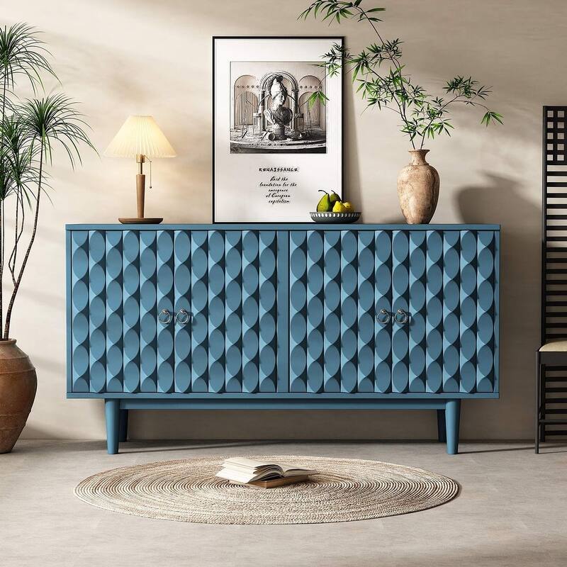 60" Modern 4-Door with Convex Pattern Doors and Silver Handles Buffet/Sideboard - Navy