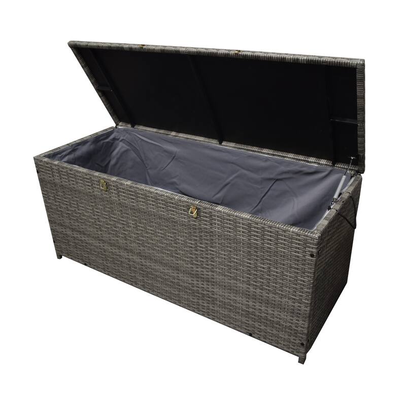 Indoor and Outdoor Balcony Patio Deck Porch Pool 113 Gallon Wicker Storage Box Trunk Bin with Metal Frame - N/A - Grey