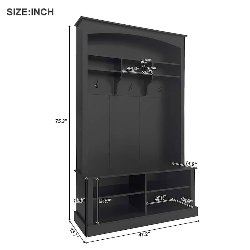 Rectangular Mudroom Hall Tree Storage Bench with Shoe Storage, Stylish Coat Rack Bench with Open Shelves for Entryway