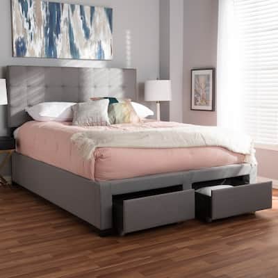 Queen Size Storage Bed with Headboard & Drawers - Grey Upholstered Platform Bed Frame - Modern Design