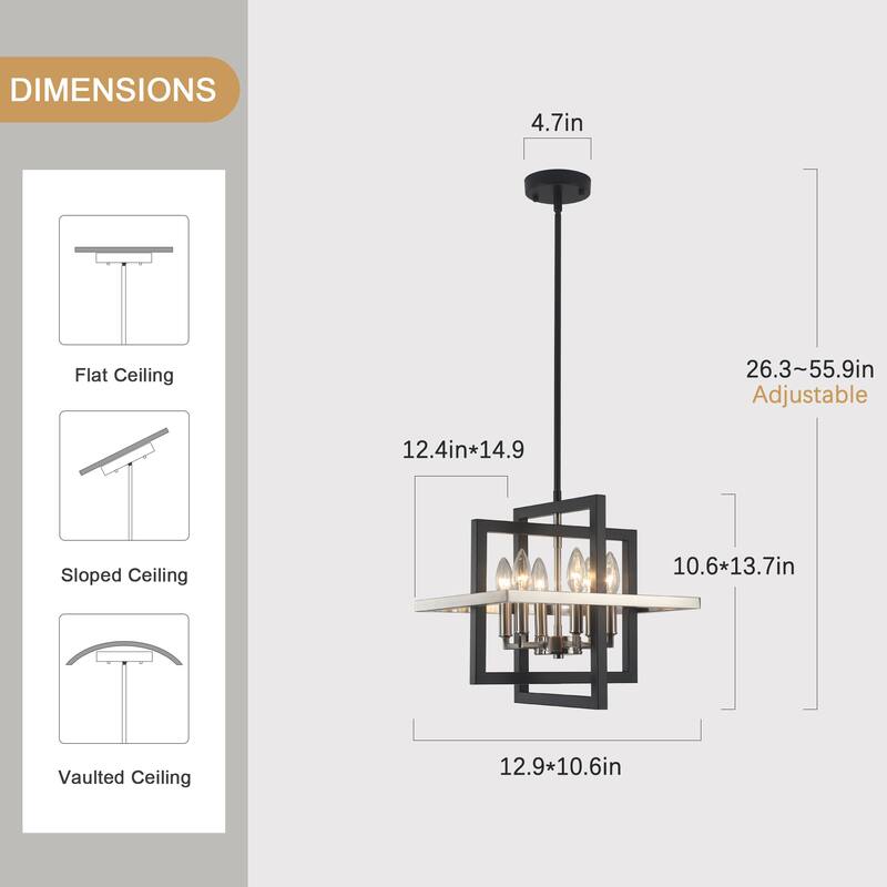 6 - Light Farmhouse Metal Cage Chandelier Rectangle Hanging Light