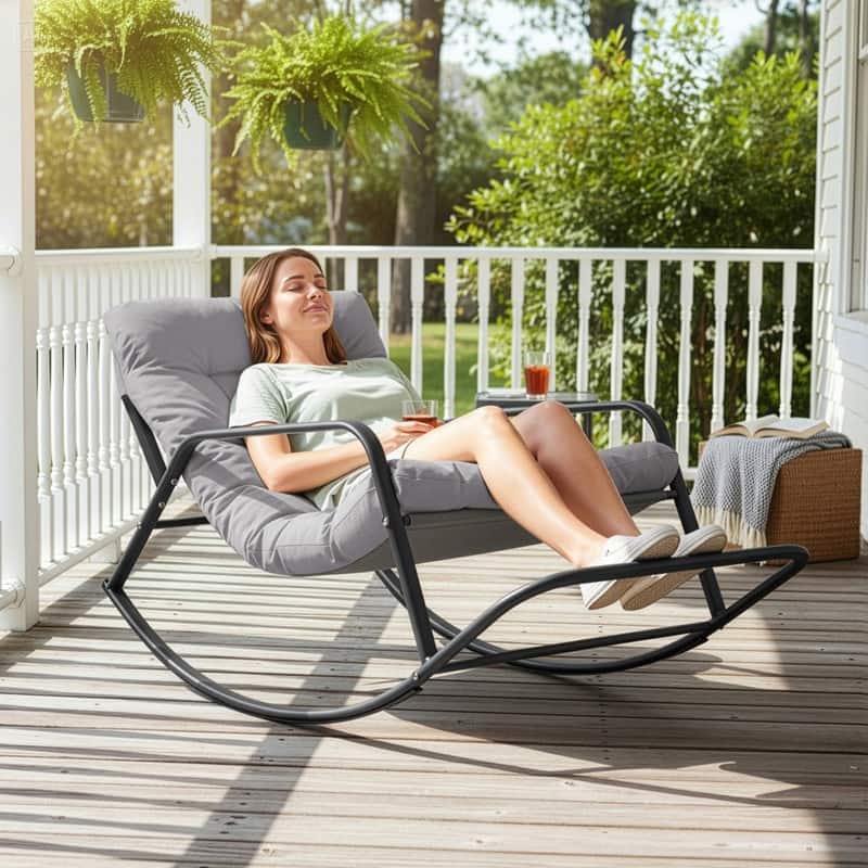 Oversized Indoor Outdoor Papasan Rocking Chair with Cushion, Metal Lounge Rocker Recliner, Heavy Duty 450 lbs Capacity