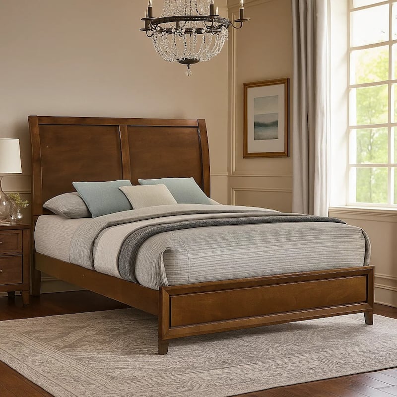 Lary Queen Bed with Sleigh-Style Headboard and Slat Kit, Walnut Brown