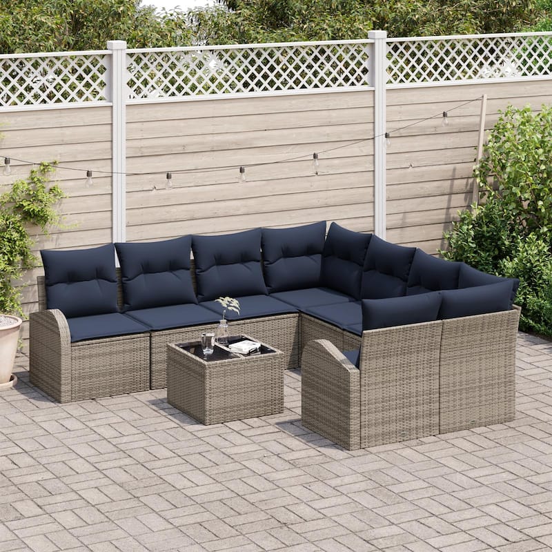 vidaXL 9 Garden Sofa Set with Cushions Black/Brown/Grey Poly Rattan - 92.1 x 92.1 x 27.2