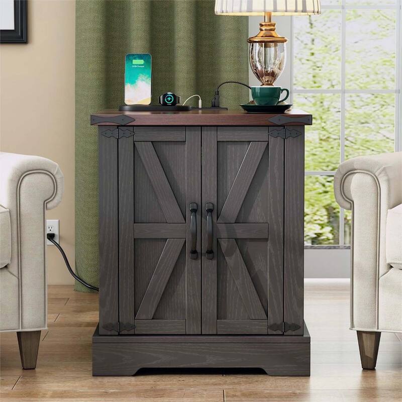 Farmhouse End Table with Charging Station - Grey + Deep Walnut