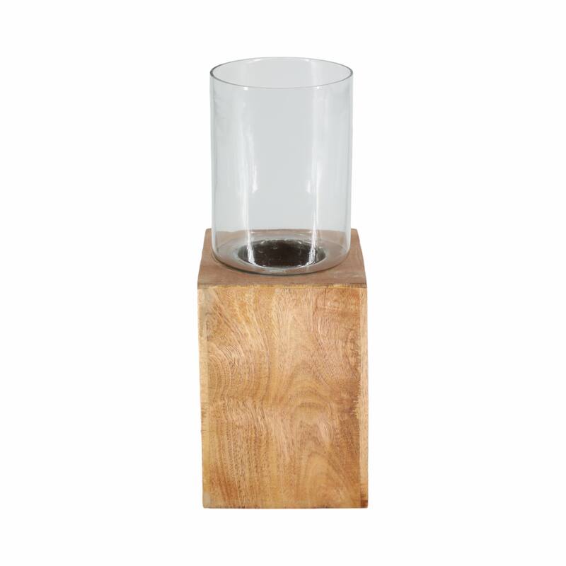 Sagebrook Home Elegant Mango Wood & Glass Pillar Hurricane Lantern - 6" x 6" x 15"