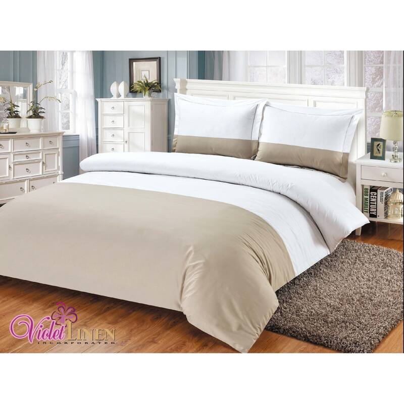 Violet Linen French Hotel Border Pattern, Luxury 200 Thread Count Poly-Cotton Percale, Black, 8 Piece, Bedding Duvet Cover Set - Taupe - Full