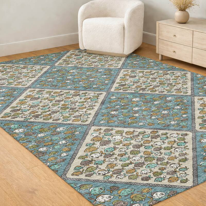Machine Washable Indoor/ Outdoor Diamond Fish Chantille Rug