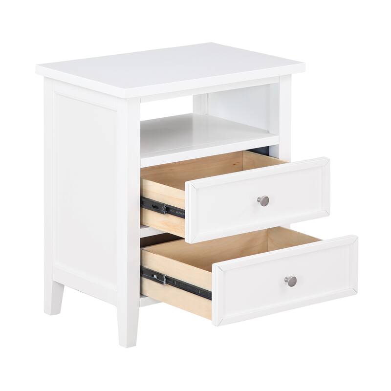White 2-Drawer Nightstand with Nickel Knobs and Open Shelf