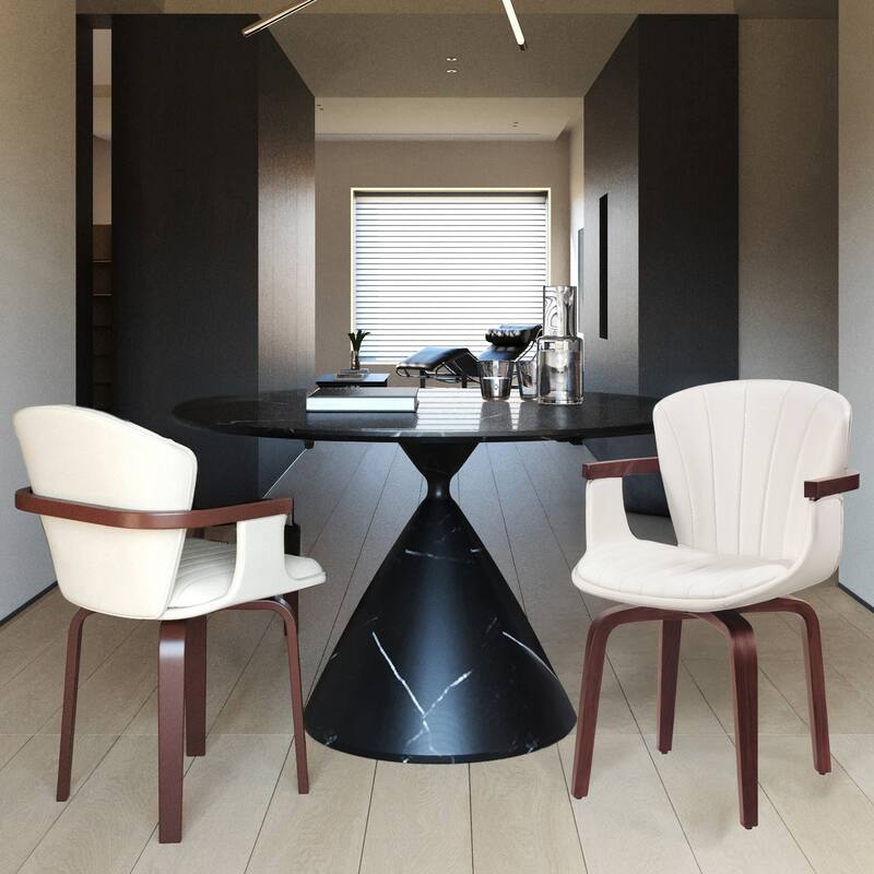 Modern 2 Piece Bentwood 360° Swivel PU Leather Dining Chair with Cushion, Backrest for Dining Room Kitchen Bedroom Living Room - White