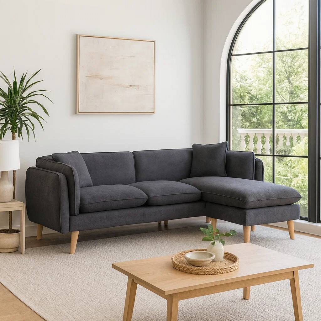 Maci 87 Inch Sectional Sofa, Reversible Chaise, Dark Gray Fabric, Wood Legs