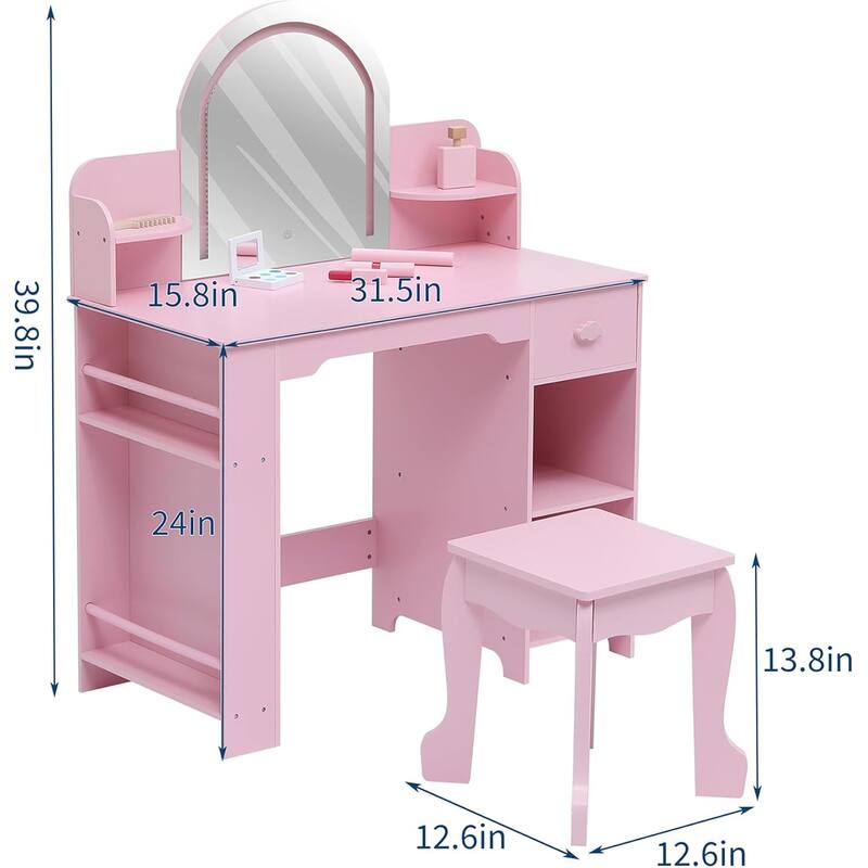 Kids Vanity Set with Lighted Mirror and Stool, 2-in-1 Makeup Tabl, for Girls Ages 3–9