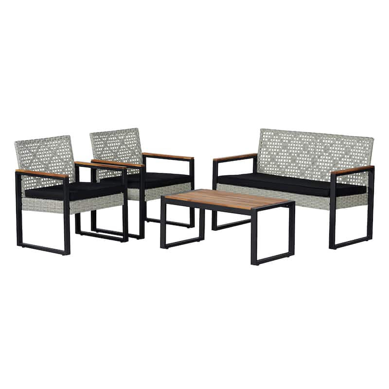Thom 4-Piece Modern Coastal Faux Wicker Conversation Outdoor Patio Set, by JONATHAN Y