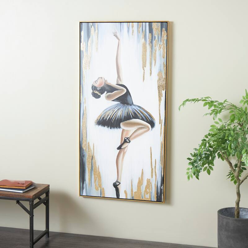 Gold Polystone Ballet Dancer Living Room Framed Wall Art with Black and Gold Foil Accents - Gold