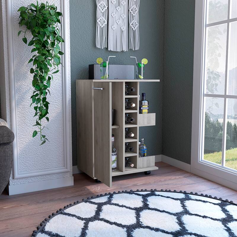 Bar Cart, Four Casters, Six Wine Cubbies, Single Door Cabinet