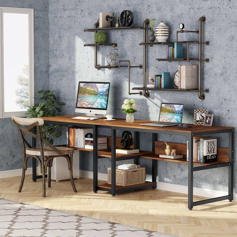 78.7" Two Person Desk, Double Desk with Bookshelf - Brown