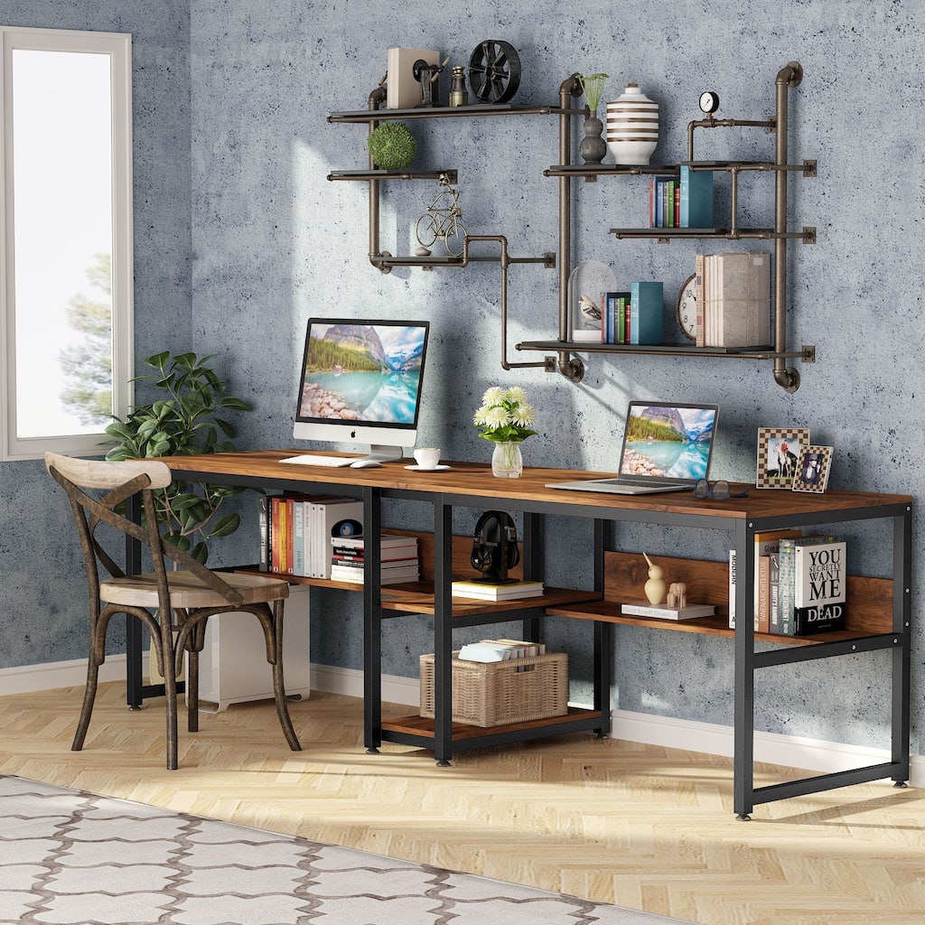 78.7" Two Person Desk, Double Desk with Bookshelf