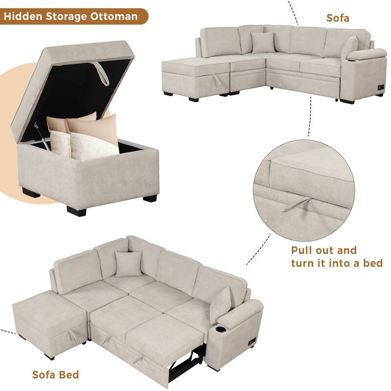 Sleeper Sofa Bed with Storage Ottoman, 2 in 1 Convertible Sectional Sofa Couch, Linen 4-Seater Sofa with Cup Holder