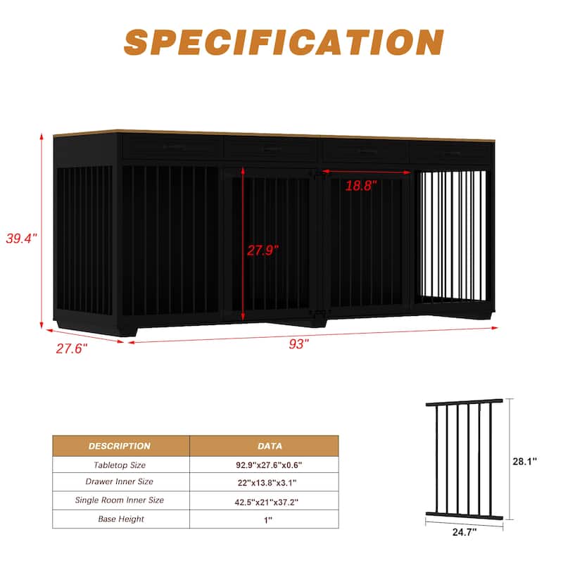 Wooden Dog Crate Kennel with 4 Drawers,Divides for 2 Large Dogs Indoor