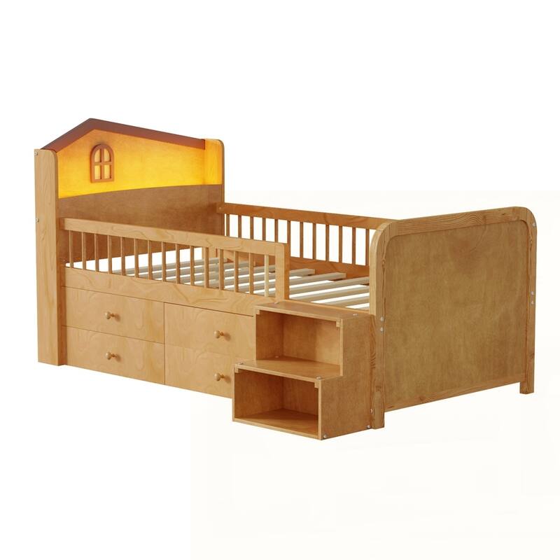 Wooden Twin Loft Bed with House Shape Headboard