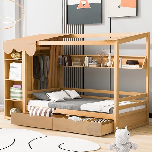 slide 2 of 27, Wooden Twin Size Semi-enclosed House Daybed Frame with Built-in wardrobe(with Curtain), Side Compartments, Drawers and Shelves Natural - Twin