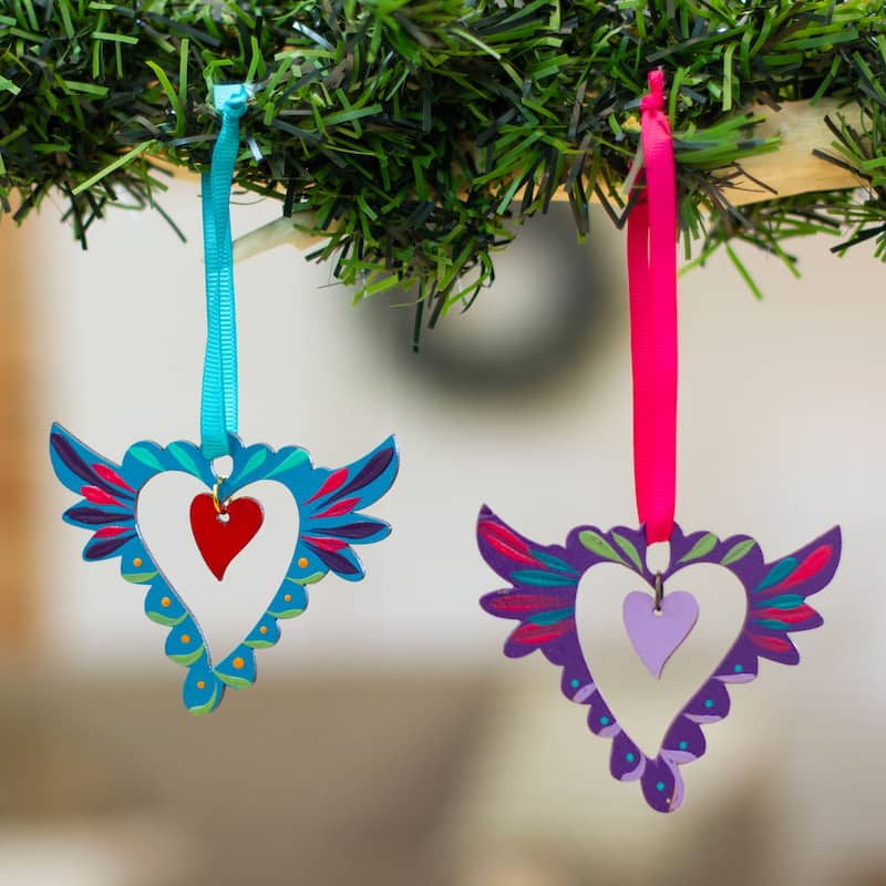 Novica Handmade Winged Heart Wood Ornaments (Pair)