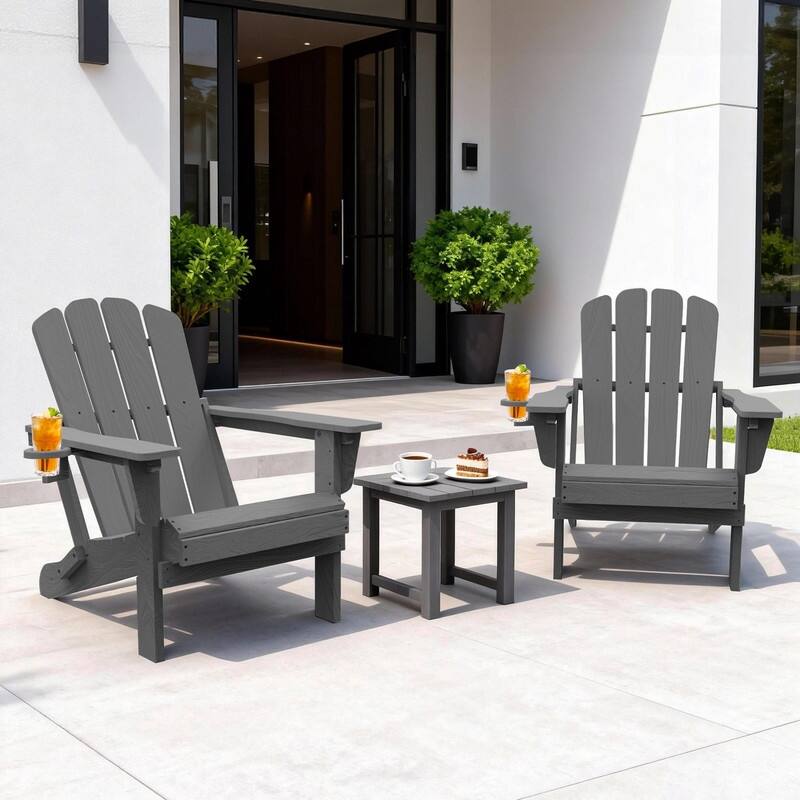 Domi Folding Adirondack Chair,Wooden Textured with Cup Holder,HDPE