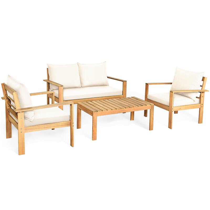 Costway 4PCS Patio Furniture Set Acacia Wood Thick Cushion Loveseat - See details